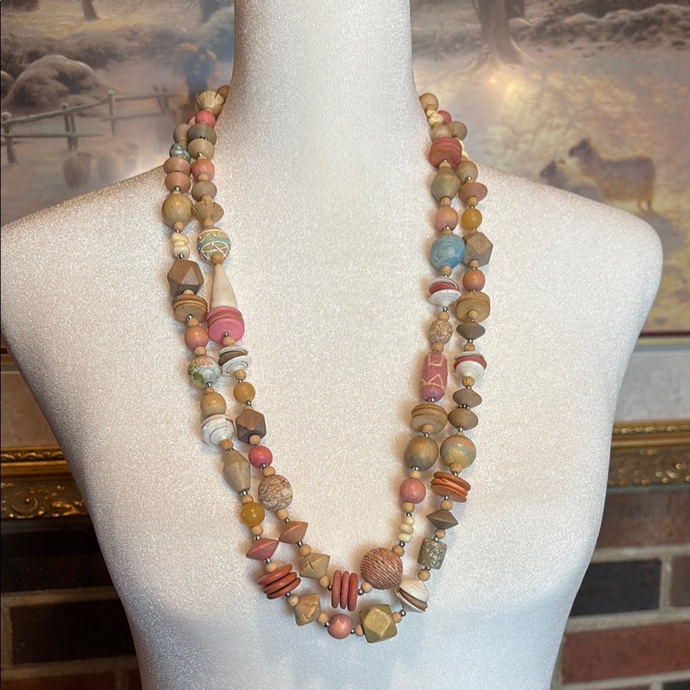 Pink and Blue Double-Strand Necklace with Natural Beads